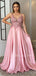 V Neck A-Line Pink Satin Long Evening Prom Dresses, Cheap Custom Prom Dress, MR7314