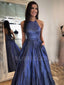 A-Line Backless Navy Blue Sparkle Long Evening Prom Dresses, Cheap Custom Prom Dresses,MR7320