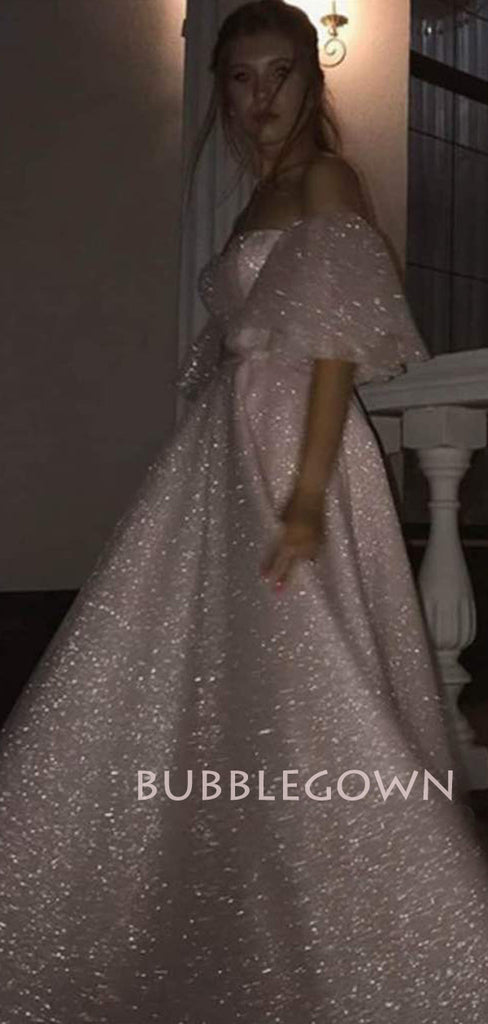 Off Shoulder A-Line Pink Backless Sparkly Side Slit Long Evening Prom Dresses, MR7324