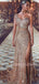 Sexy One Shoulder Golden Sequin Mermaid Side Slit Long Evening Prom Dresses, Cheap Custom Prom Dresses, MR7325