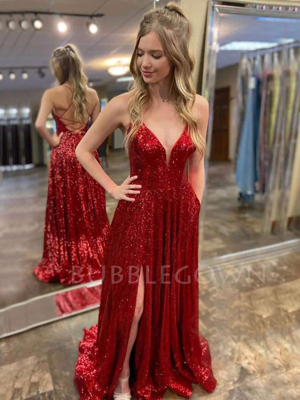 Red Sequin V Neck Backless Long Evening Prom Dresses, Cheap Custom Prom Dresses, MR7333