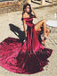 Burgundy Satin Off Shoulder A-line Long Evening Prom Dresses, Cheap Custom prom dresses, MR7335