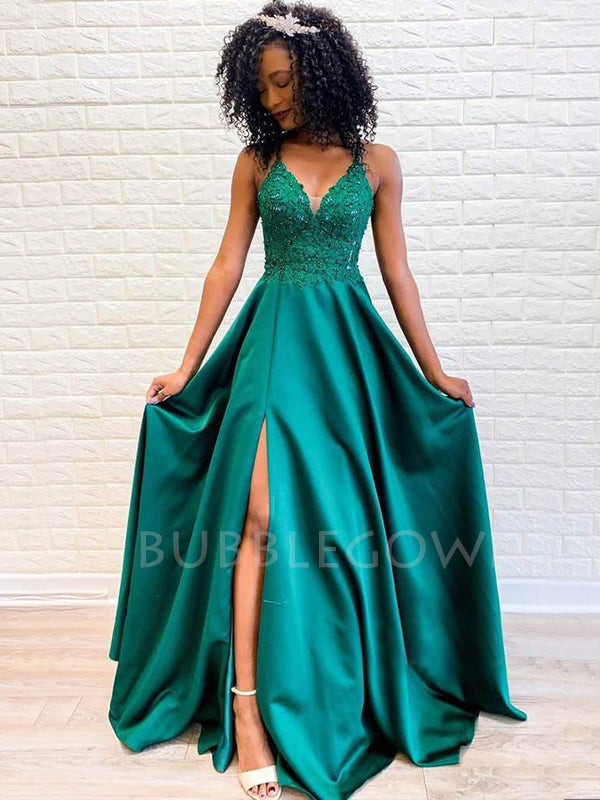 Green Satin Spaghetti Straps A-Line Long Evening Prom Dresses, MR7338