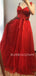 Red Tulle Beaded Straps A-Line Long Evening Prom Dresses, MR7340
