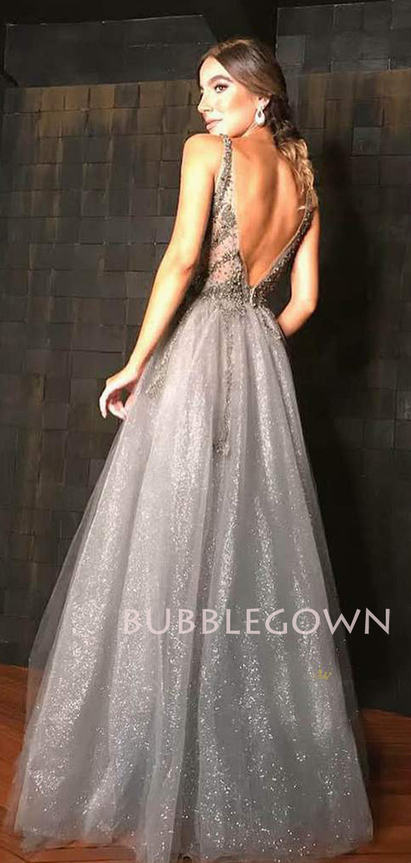 Sliver Grey A-Line Sparkly V Neck Long V Back Evening Prom Dresses, MR BubbleGowns Sliver Grey A-Line Sparkly V Neck Long V Back Evening Prom Dresses, MR BubbleGowns