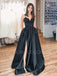 Black Satin V Neck Backless A-Line Side Slit Long Evening Prom Dresses, Cheap Custom prom dresses, MR7352