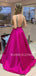 Fuchsia Satin Beaded A-Line Long Evening Prom Dresses, Cheap Custom Backless Prom Dresses, MR7353