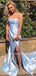 Blue Satin Mermaid Side Slit Long Evening Prom Dresses, Long Party prom dresses, MR7357