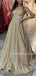 Golden Sequin A-Line Long Evening Prom Dresses, Cheap Custom Prom Dress, MR7359