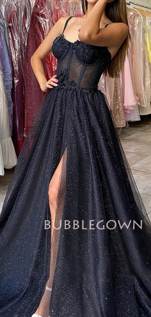 See Throuth Black Tulle A-Line Side slit Long Evening Prom Dresses, Ch