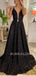 Deep V Neck Black Sequin A-Line Backless Long Evening Prom Dresses, Cheap Custom Prom Dresses, MR7367