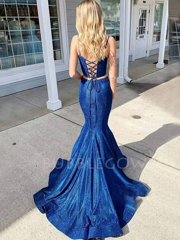 Two Pieces Dark Blue Sparkly Mermaid Long Evening Prom Dresses, Cheap Custom Prom Dress, MR7379