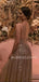 Golden Sequin A-Line Side Slit Backless Long Evening Prom Dresses, Cheap Custom Prom Dresses, MR7382