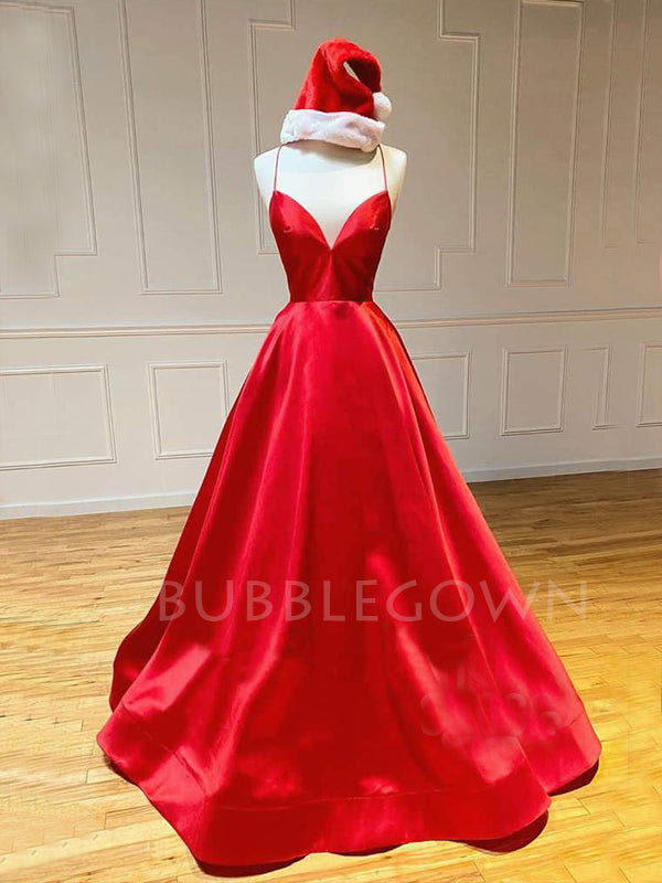 Red Satin V Neck Backless A-line Long Evening Prom Dresses, Cheap Custom prom dresses, MR7383