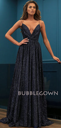 Gold A-Line Spaghetti Straps V Neck Long Evening Prom Dresses, Cheap Custom Prom Dresses, MR7390