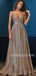 Gold A-Line Spaghetti Straps V Neck Long Evening Prom Dresses, Cheap Custom Prom Dresses, MR7390