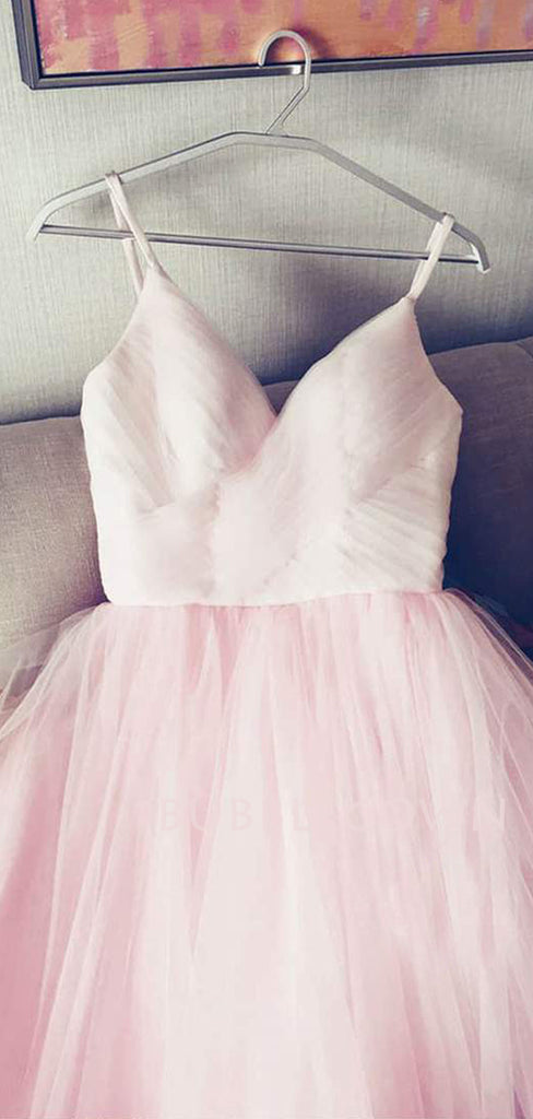 Pink Tulle A-Line V Neck Backless Long Evening Prom Dresses, Cheap Custom Prom Dresses, MR7394