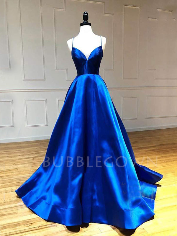 Dark Blue Satin V Neck A-Line Spaghetti Straps Long Backless Evening Prom Dresses, Cheap Custom prom dresses, MR7395