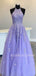 A-line Chic Halter Lavender Tulle Appliques Long Evening Prom Dresses, Cheap Custom Prom Dress, MR7400