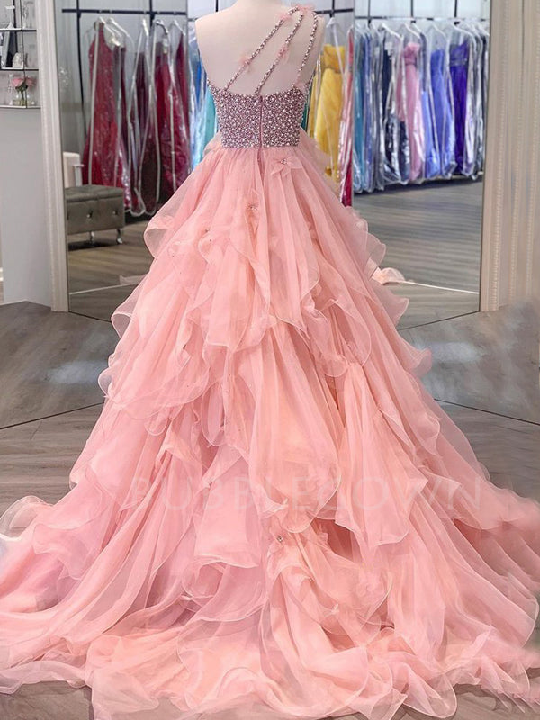 Pink Organza One Shoulder Beaded A-line Long Evening Prom Dresses, Cheap Sweet Prom dresses, MR7405