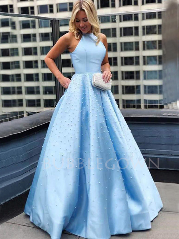A-line Round Neckline Blue Satin Pearls Long Backless Evening Prom Dresses With Pockets, Cheap Custom prom dresses, MR7410