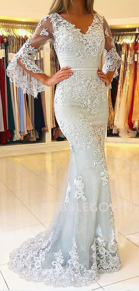 See Throuth Long Sleeves Grey Appliques V Neck Mermaid Lace Long Evening Prom Dresses, Cheap Custom Prom Dresses, MR7417