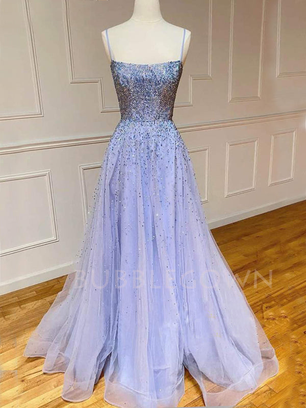 A-line Blue Tulle Beaded Long Evening Prom Dresses, Cheap Custom Prom dresses, MR7423