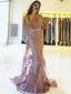 Appliques Spaghetti Straps V Neck Mermaid Dusty Purple Tulle Lace Long Evening Prom Dresses, Cheap Custom Prom Dresses, MR7426