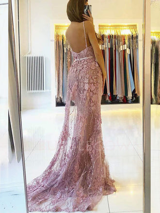 Appliques Spaghetti Straps V Neck Mermaid Dusty Purple Tulle Lace Long Evening Prom Dresses, Cheap Custom Prom Dresses, MR7426