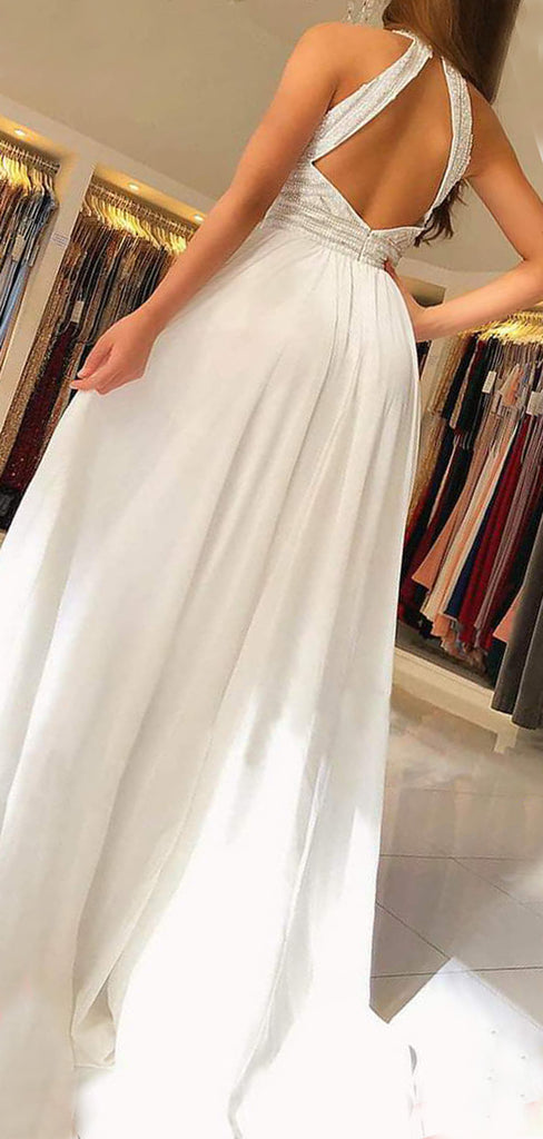 Deep V Neck White Chiffon Halter Beaded Long Evening Prom Dresses, Chi BubbleGowns Deep V Neck White Chiffon Halter Beaded Long Evening Prom Dresses, Chi BubbleGowns