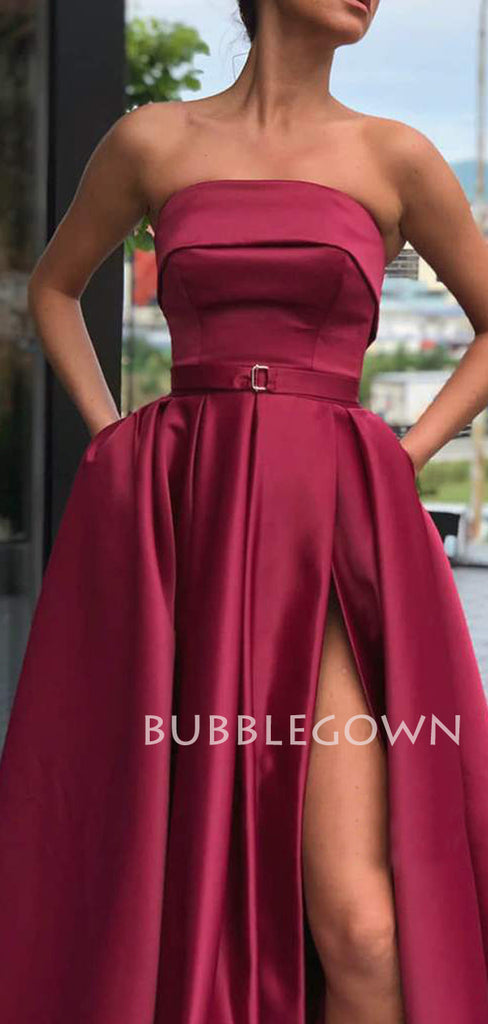 A-line Burgundy Satin Strapless Side Slit Long Evening Prom Dresses, Cheap Custom prom dresses, MR7433