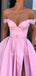 A-line Pink Satin Off Shoulder Side Slit Long Evening Prom Dresses, Cheap Custom prom dresses, MR7434