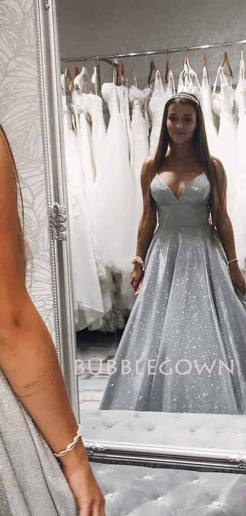 A-Line Sliver Sparkle Spaghetti Straps V Neck Long Evening Prom Dresses, Cheap Custom Prom Dress, MR7436