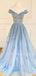 Off Shoulder A-line Blue Tulle Appliques Lace Long Evening Prom Dresses, Cheap Custom Prom Dresses, MR7441