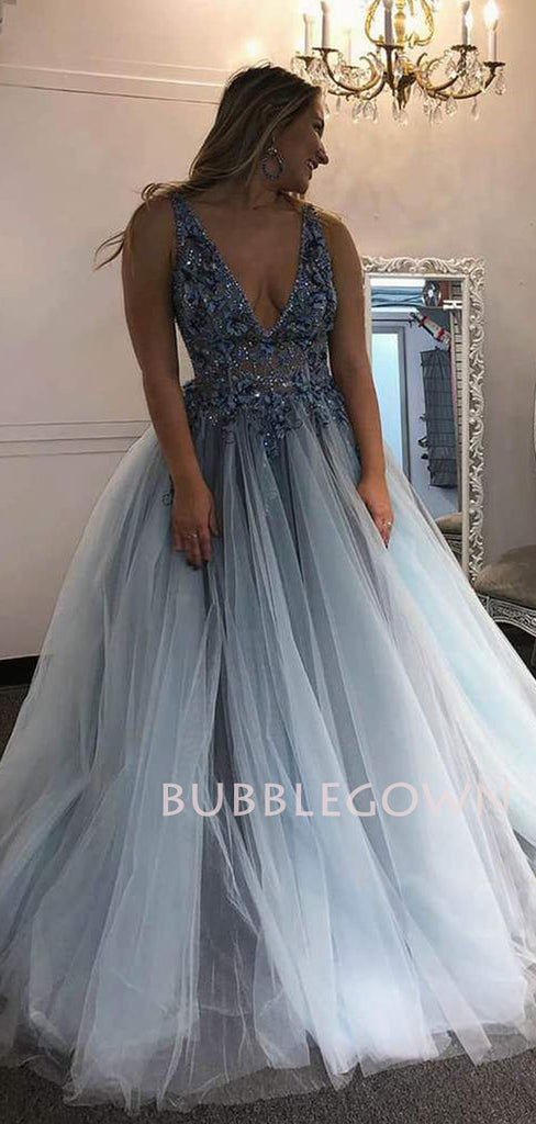 A-line See Throuth Deep V Neck Appliques Long Lace Evening Prom Dresses, Cheap Custom Prom Dresses, MR7446