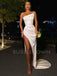 White Satin Mermaid Side Slit Strapless Long Evening Prom Dresses, Cheap Custom Satin Wedding Dresses, MR7471