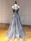 A-Line GreyTulle Appliques Lace Long Deep V Neck Evening Prom Dresses, Cheap Custom Prom Dress, MR7475