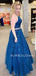 Two Pieces A-Line Spaghetti Straps Dark Blue Appliques Lace Long Evening Prom Dresses, Cheap Custom Prom Dress, MR7476