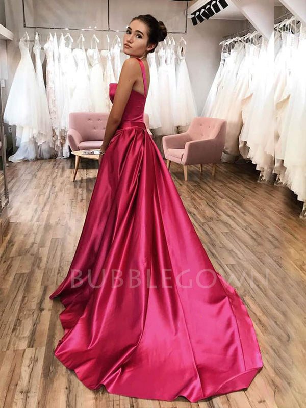 A-line Fuchsia Satin Long Evening Prom Dresses, Cheap Custom prom dres BubbleGowns A-line Fuchsia Satin Long Evening Prom Dresses, Cheap Custom prom dres BubbleGowns