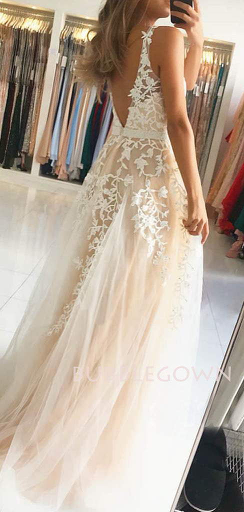 A-Line Deep V Neck Lace Beaded Long Evening Prom Dresses, Cheap Custom Prom Dresses, MR7480