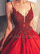 Sexy Deep V Neck A-line Red Satin Appliques Long Evening Prom Dresses, Cheap Custom Prom Dress, MR7483