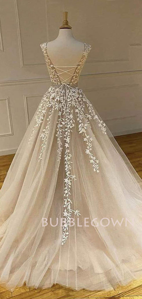 A-line Tulle Beaded Lace Long Appliques Evening Prom Dresses, Cheap Sweet Prom Dresses, MR7487