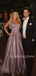 A-Line Sparkle Spaghetti Straps V Neck Backless Long Evening Prom Dresses, Cheap Custom Prom Dresses,MR7488