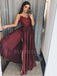 A-line Burgundy Chiffon Beaded Spaghetti Straps Long Evening Prom Dresses, Cheap Custom Prom Dresses, MR7489