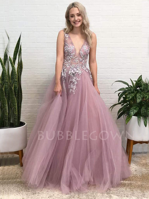 Sexy See Throuth Deep V Neck A-Line Lace Appliques Long Evening Prom Dresses, Cheap Custom Prom Dresses, MR7492