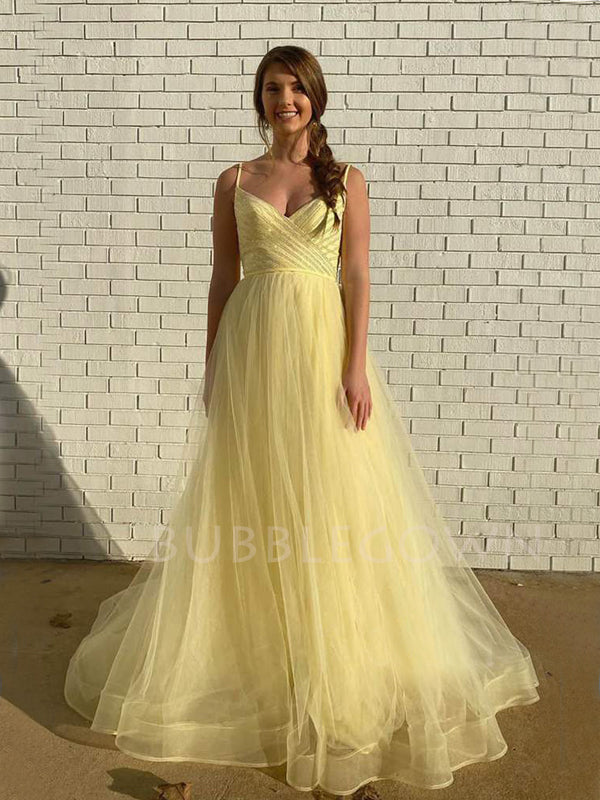 Yellow Tulle V Neck A-line Long Spaghetti Straps Long Evening Prom Dresses, Cheap Custom V Back Prom Dress, MR7550