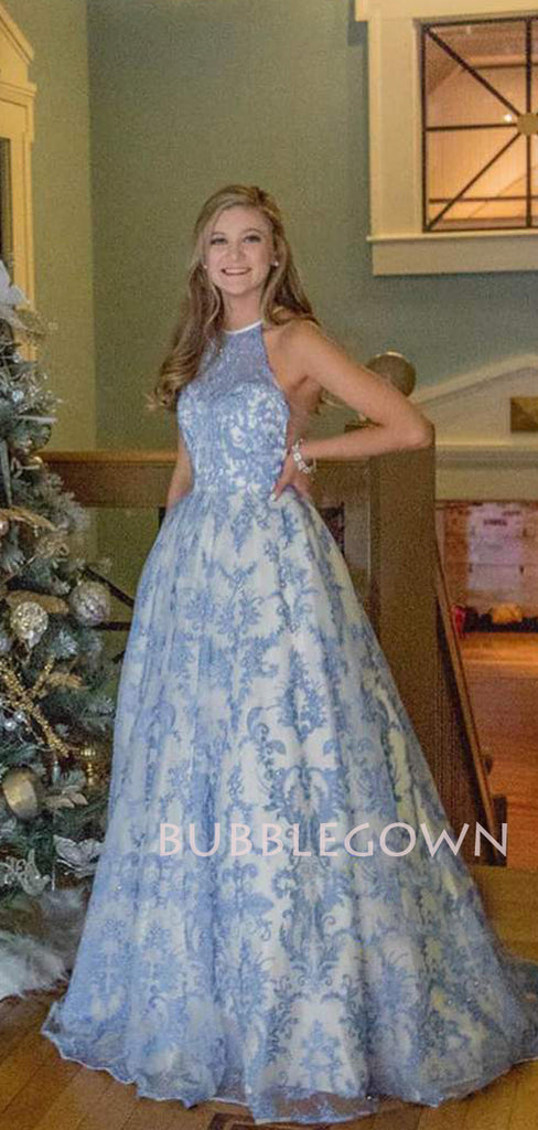 A-line Halter Blue Lace Beaded Long Evening Prom Dresses, Cheap Custom Prom Dress, MR7500