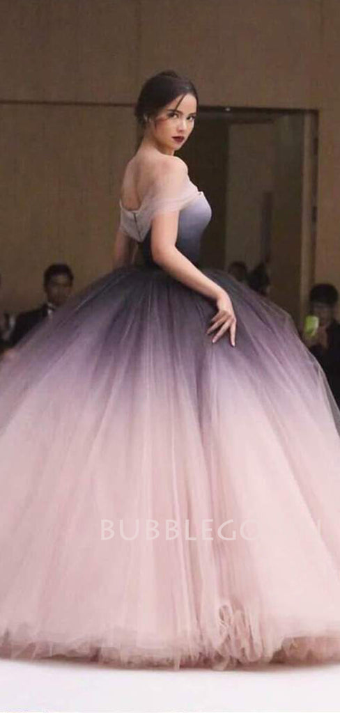 Off Shoulder Ball Gown Pink Tulle Gradient Long Evening Prom Dresses, Cheap Custom Prom Dresses, MR7502
