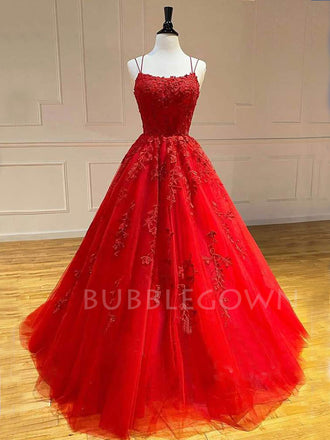 Red Tulle A-Line Spaghetti Straps Appliques Lace Long Evening Prom Dresses, Cheap Custom Prom Dress, MR7503