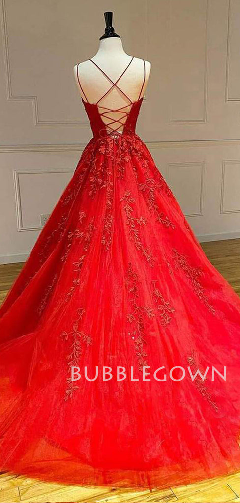 Red Tulle A-Line Spaghetti Straps Appliques Lace Long Evening Prom Dresses, Cheap Custom Prom Dress, MR7503